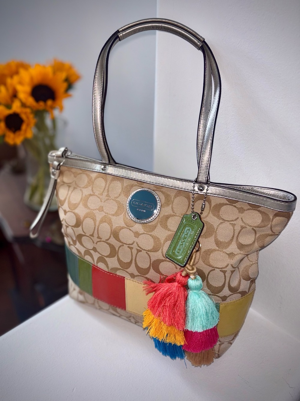 Coach Signature Stripe Tote Bag Khaki Multi Canvas Colorblock Tote Boho Chic